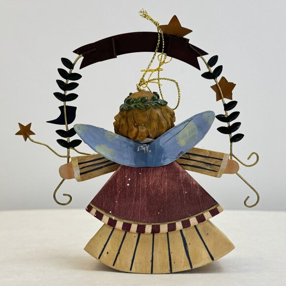 Hand-Painted Wooden Angel Ornament With "Hope" Banner Metal Wings Leaf Accents - Picture 4 of 10